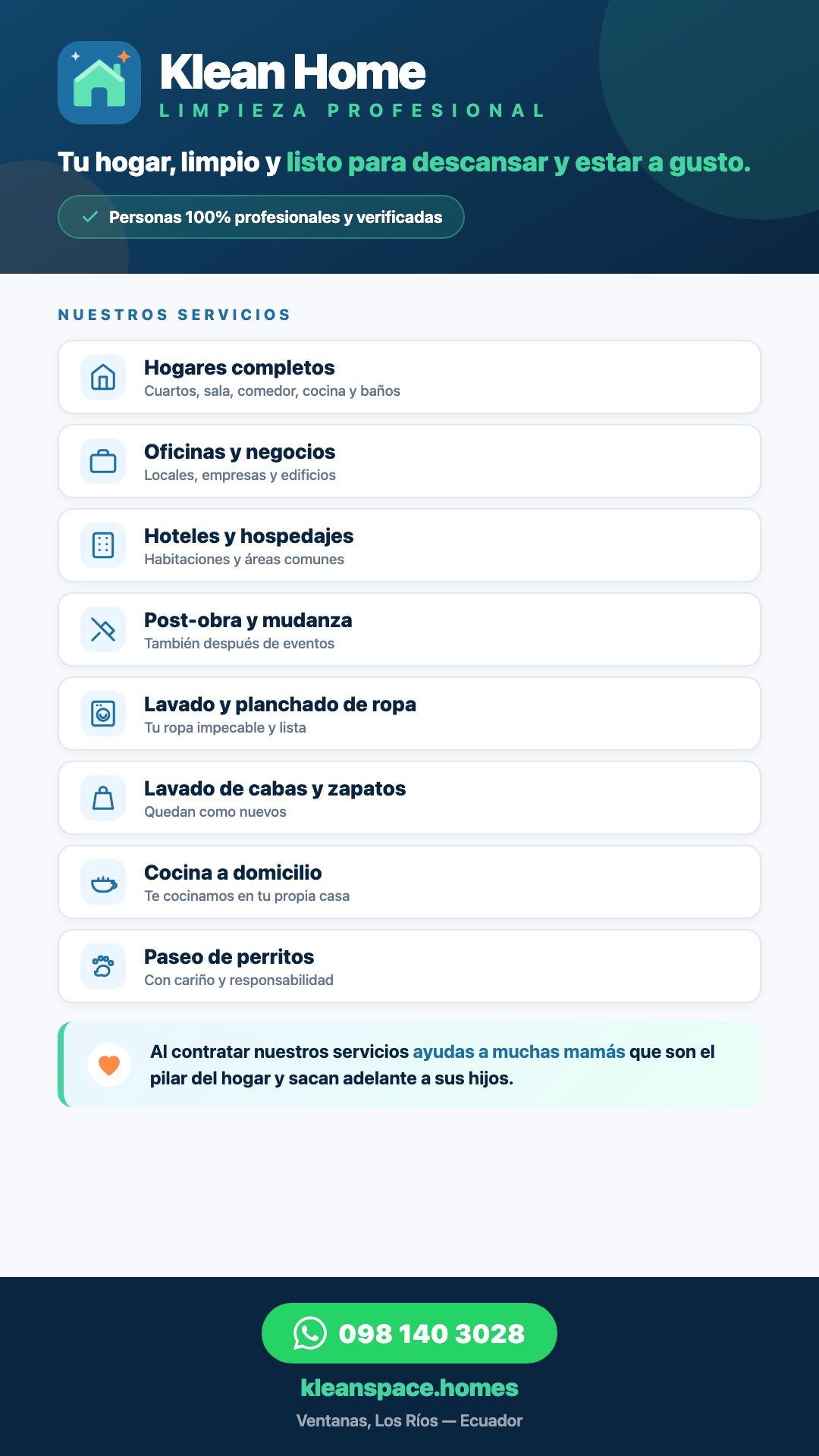 Publicidad de servicios Klean Home para historias y estados